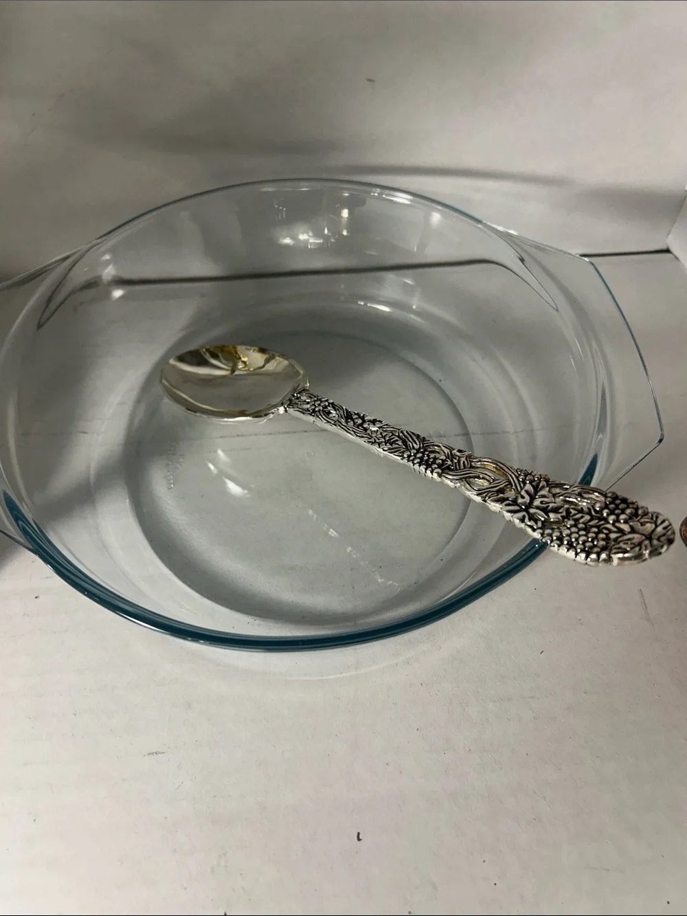 Silver Floral-Accent Glass Chafing Dish with Lid and Spoon